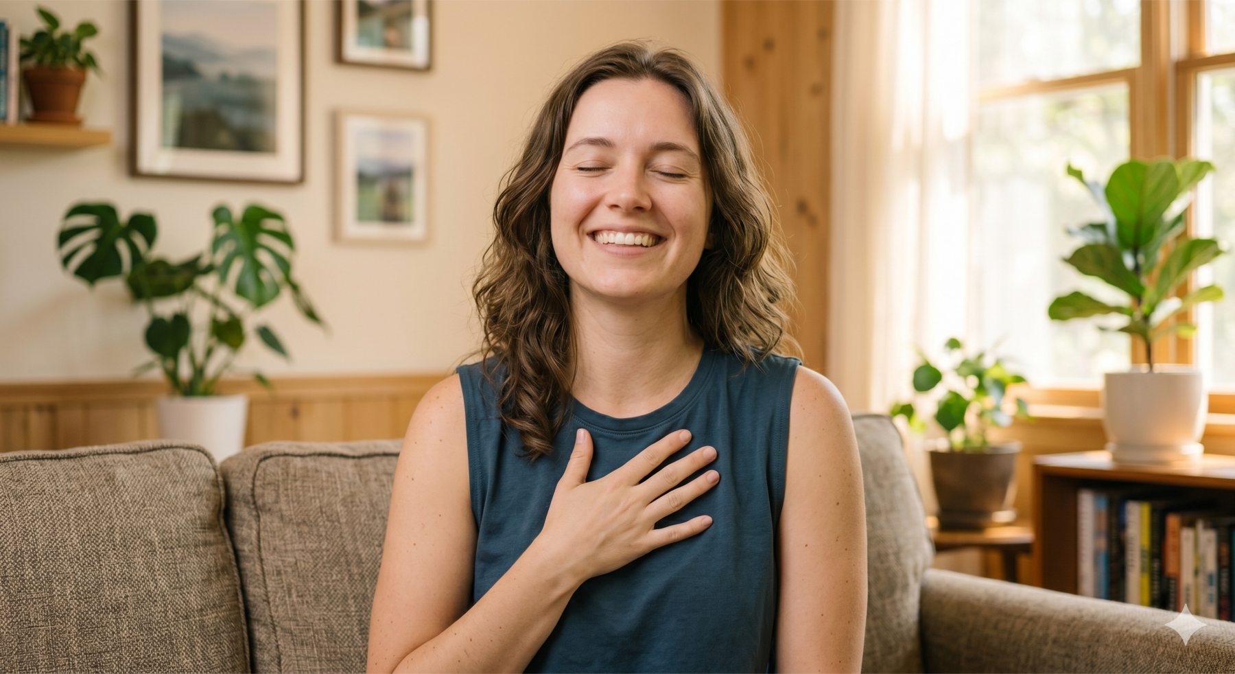 Mujer en una práctica de Autocoaching con la mano en el corazón