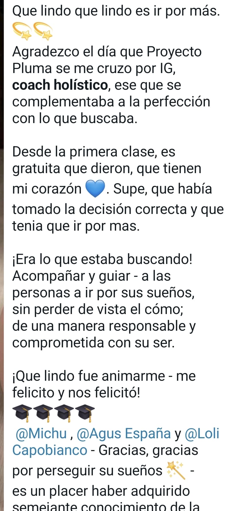 Captura de testimonio de alumna de Coaching Holístico